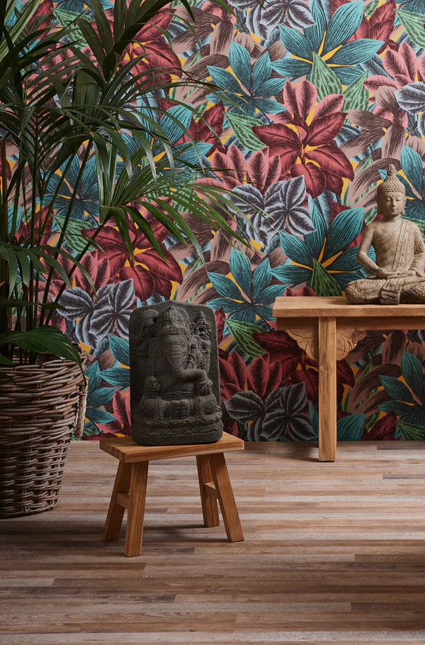 Papel pintado floral y jungla con hojas tropicales coloridas