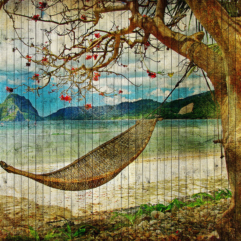 Fotomural Walls by Patel - Tahiti 2 - Wooden panel mural with hammock & South Seas beach - Beige, Blue
