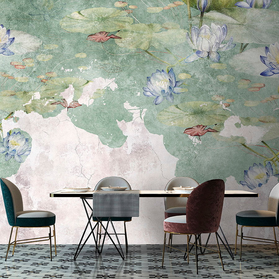 Fotomural Walls by Patel - Photo wallpaper »lily« - Water lilies on vintage plaster texture in the background - Smooth, slightly shiny premium non-woven fabric