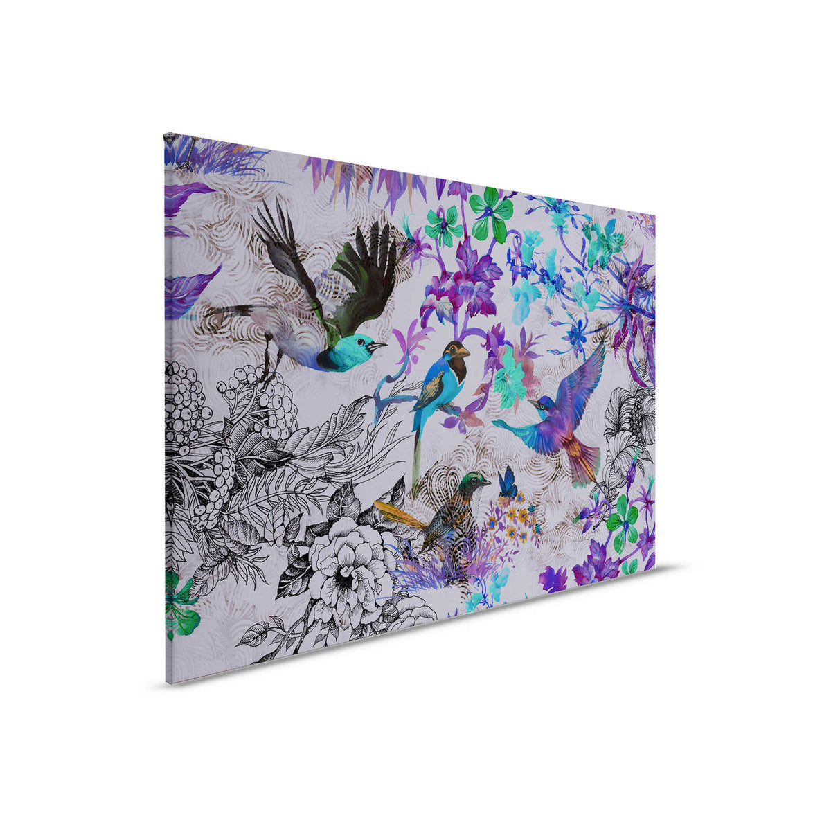 Cuadro en lienzo morado con flores y pájaros