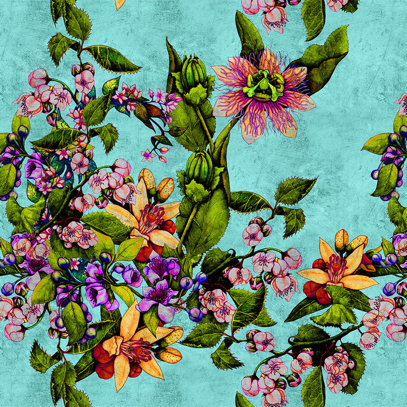 Fotomural Walls by Patel - Tropical Passion 1 - Tropical photo wallpaper with floral pattern in scratchy texture - Green, Turquoise