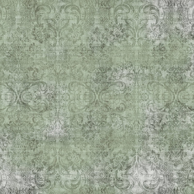 Fotomural Walls by Patel - Old damask 2 - Ornaments on green mottled wallpaper- Nature linen structure - Green