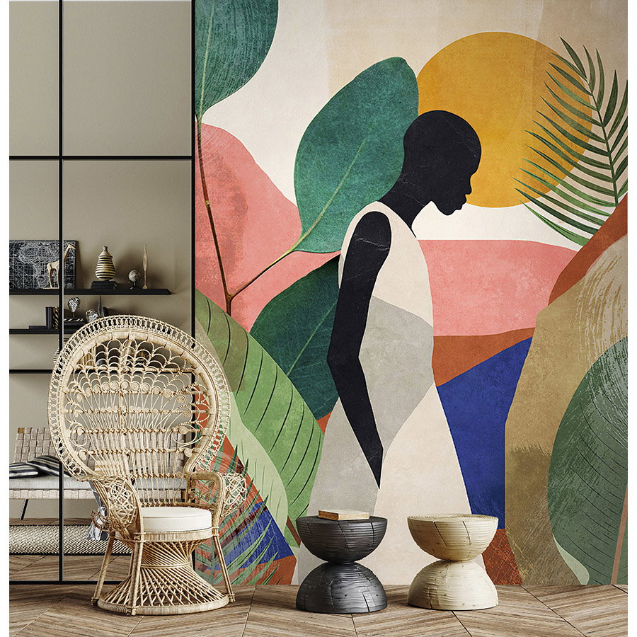 Fotomural Walls by Patel - Photo wallpaper »nala« - Silhouette, leaves & grasses - Colourful motif on vintage plaster texture