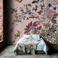 Fotomural Walls by Patel - Photo wallpaper »madras 2« - Rose-coloured floral motif with hummingbirds on kraft paper texture - Smooth, slightly shiny premium non-woven fabric