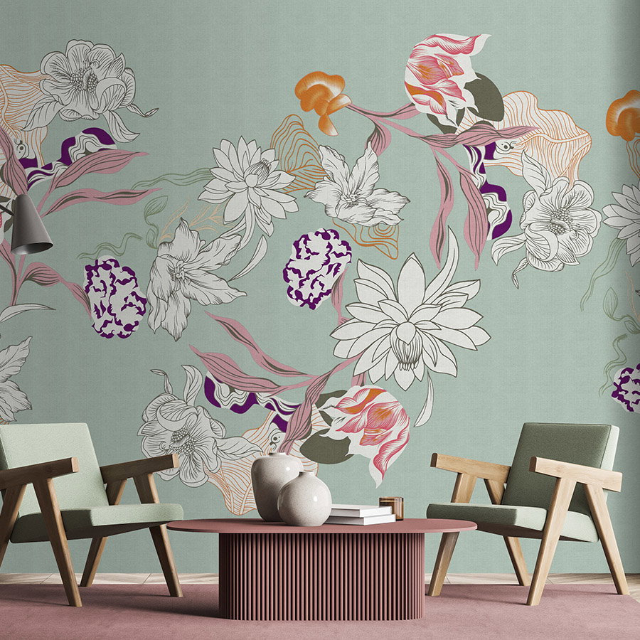 Fotomural Walls by Patel - Photo wallpaper »botany 1« - Abstract floral motifs with orange accents against a subtle linen texture - Smooth, slightly shiny premium non-woven fabric