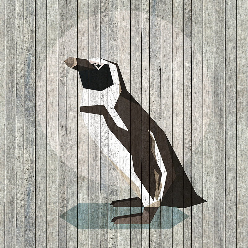 Fotomural Walls by Patel - Born to Be Wild 4 - Photo wallpaper Penguin on board wall - Wooden panels wide - Beige, Blue