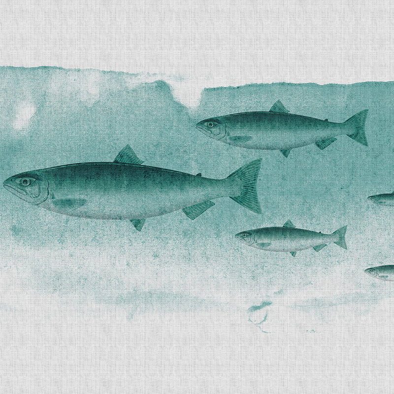 Fotomural Walls by Patel - Into the blue 2 - Fish watercolour in green as photo wallpaper - natural linen strukutr - grey, green