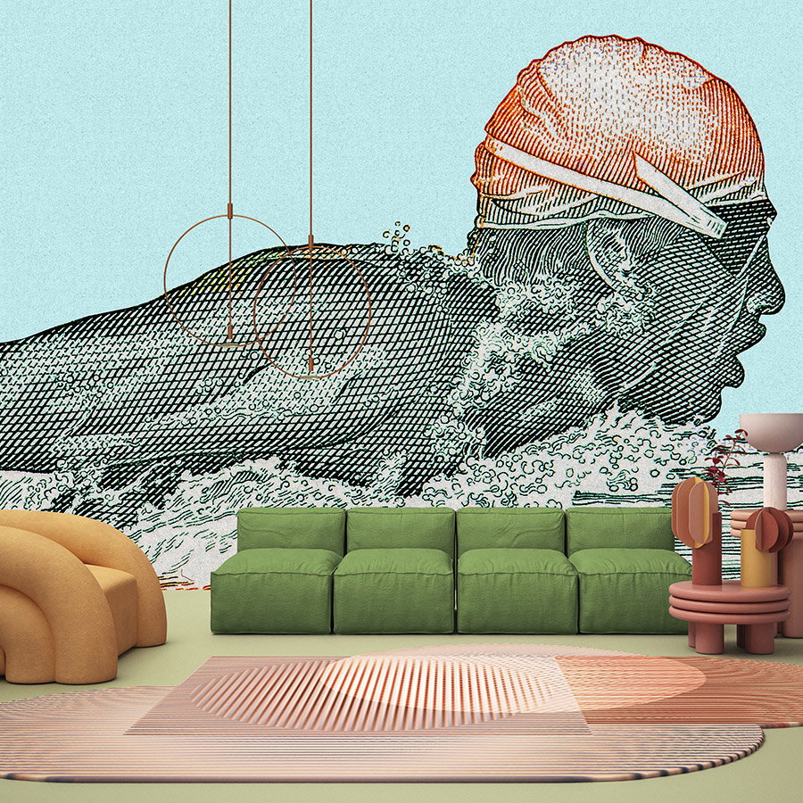 Fotomural Walls by Patel - Photo wallpaper »aquaman« - swimmer in pixel design - petrol with kraft paper texture
