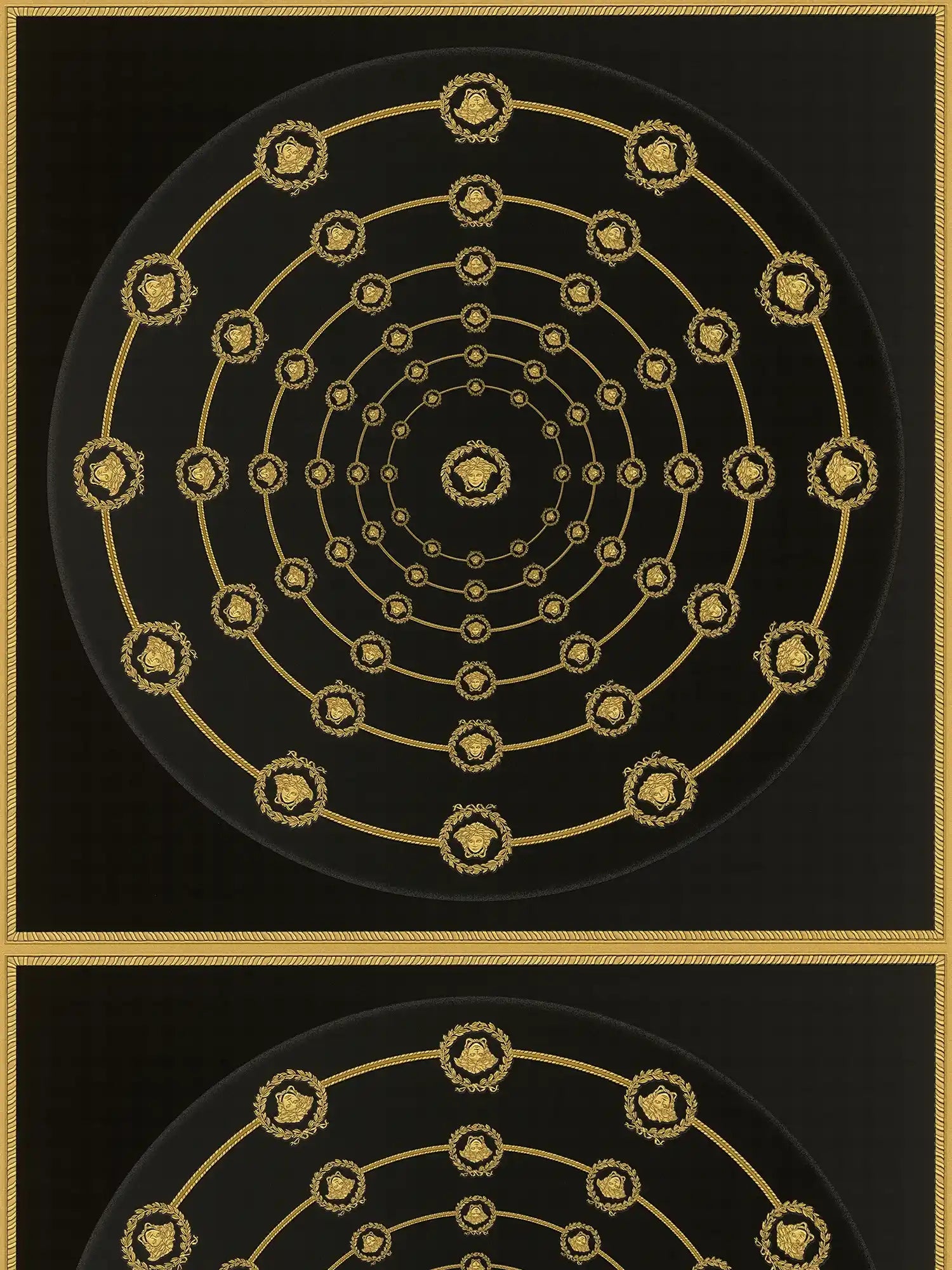 Papel pintado no tejido VERSACE con elementos redondos de Medusa barroca ligeramente brillante ligeramente texturizado - negro, gris, dorado