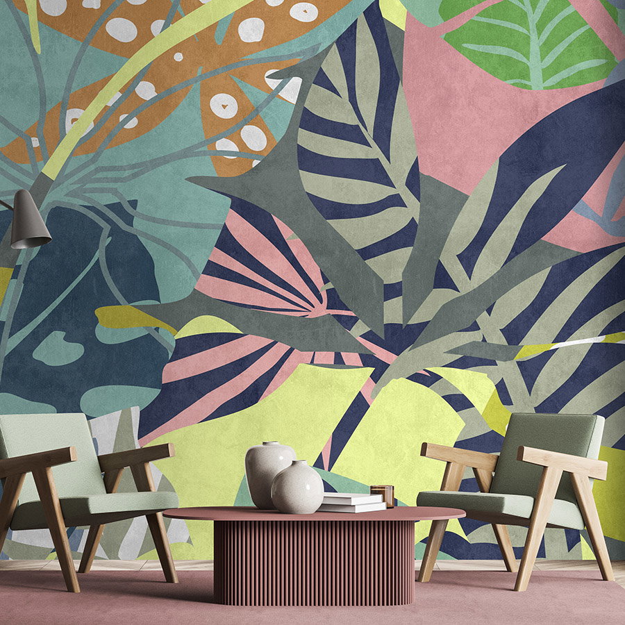Fotomural Walls by Patel - Photo wallpaper »anais 1« - Abstract jungle leaves on concrete plaster texture - Colourful