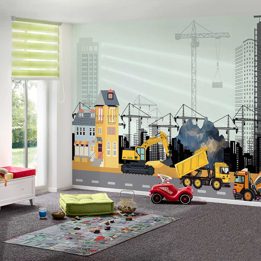Fotomural Panel XXL 5 - City mural dump truck on road with skyline in the background on premium smooth non-woven