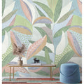 Fotomural Walls by Patel - Photo wallpaper »emilia« - Colourful pastel leaf pattern in front of concrete plaster structure - green, blue, pink