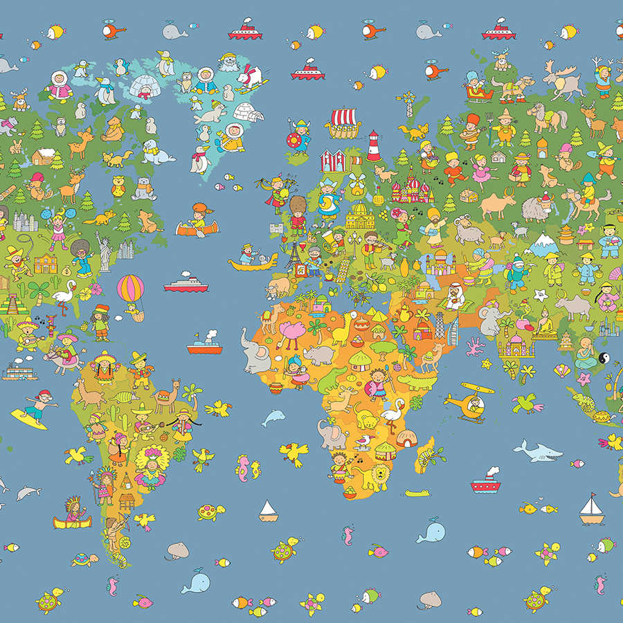 Fotomural Panel XXL 5 - Kids mural world map with country symbols on premium smooth fleece