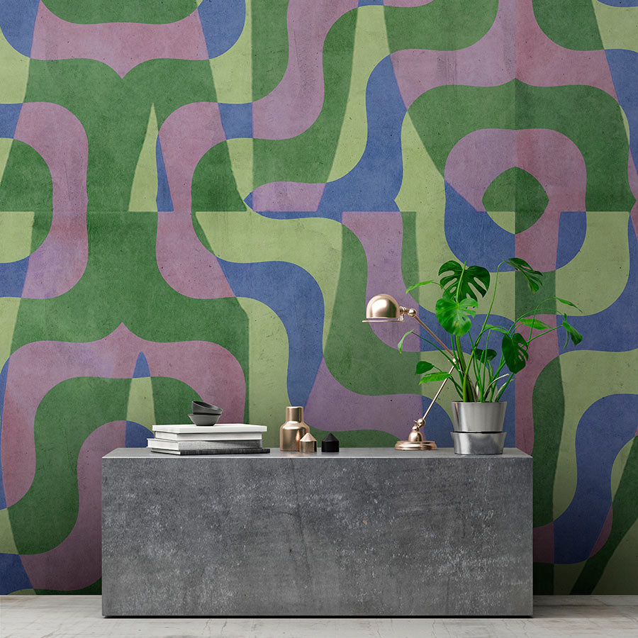 Fotomural Walls by Patel - Photo wallpaper »viola« - Abstract retro pattern in front of concrete plaster look - Green, blue, purple