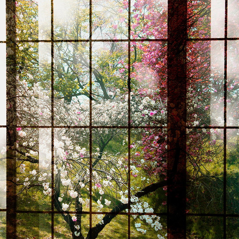 Fotomural Walls by Patel - Orchard 1 - Photo wallpaper, Window with garden view - Green, Pink