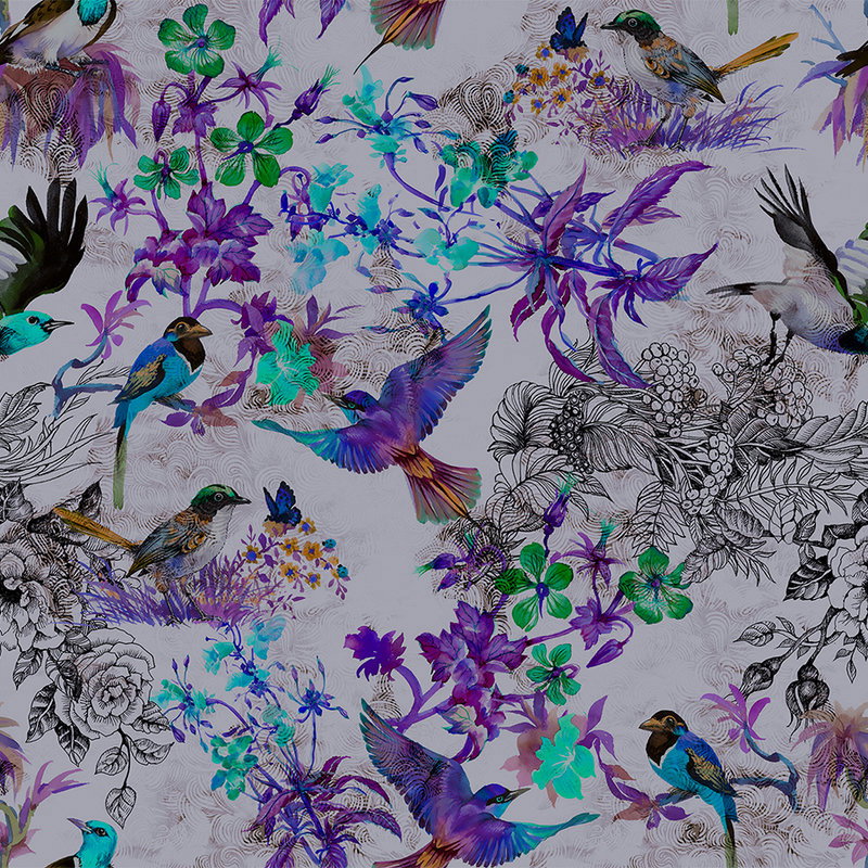 Fotomural Walls by Patel - Purple mural with flowers & birds - blue, grey