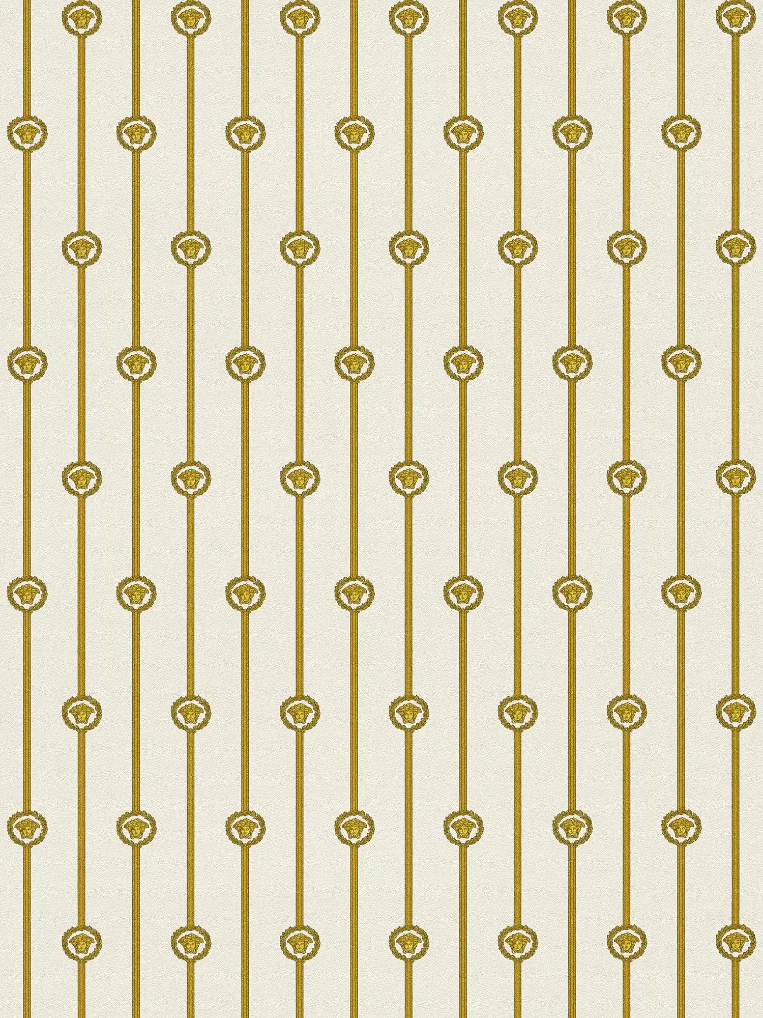 Papel pintado no tejido VERSACE con logotipo de Medusa a rayas ligeramente brillante ligeramente texturado - blanco, dorado, Metálico