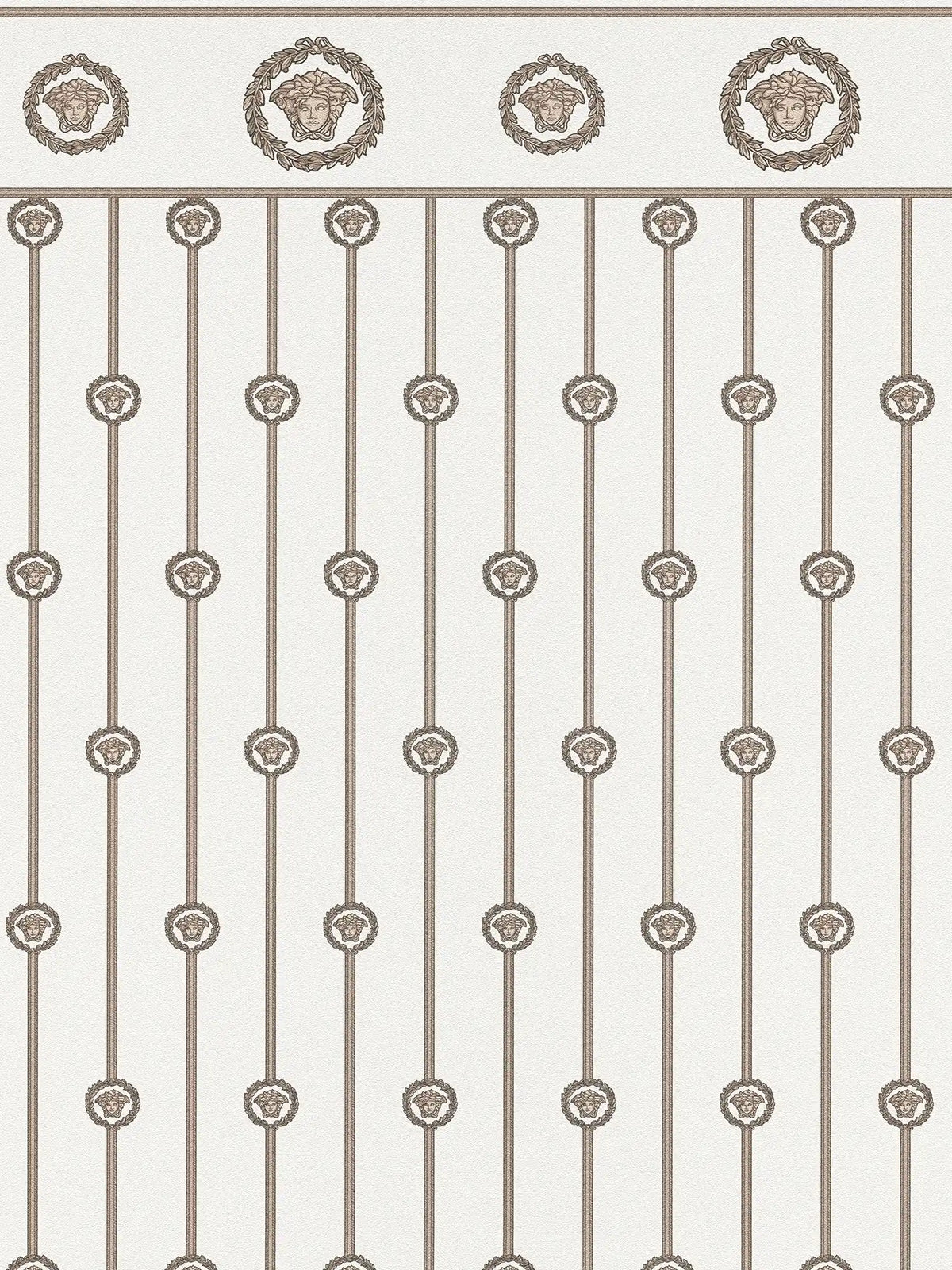 VERSACE Papel pintado no tejido con motivo de Medusa y detalles ornamentales de filigrana brillante ligeramente texturizado - blanco, beige, Metálico