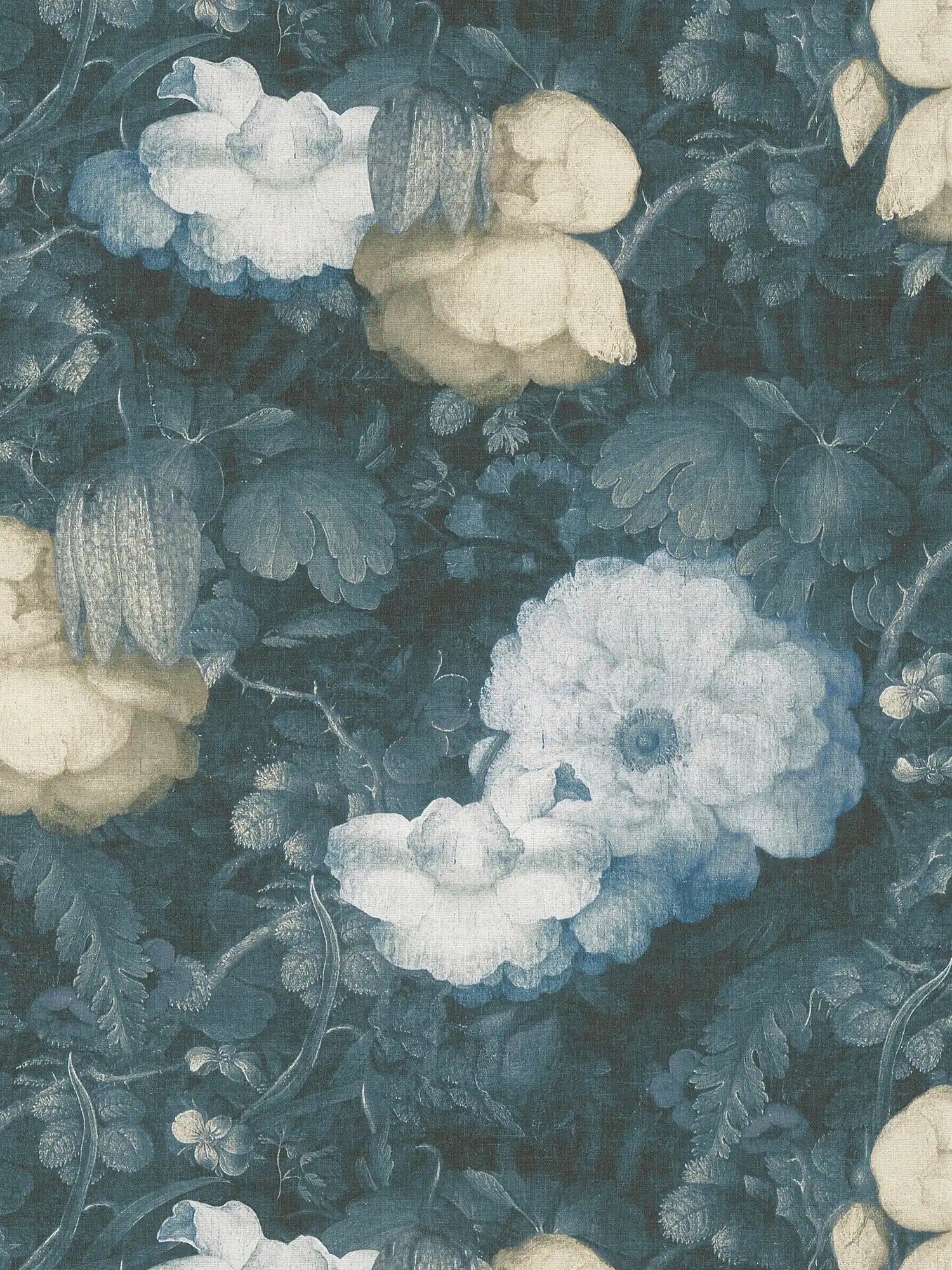 Papel pintado floral estilo pintura, aspecto de lienzo - azul, verde, amarillo