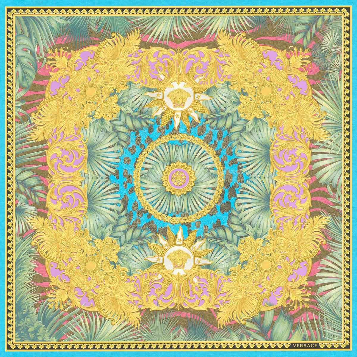 Papel pintado VERSACE de colores con adornos dorados y motivos de la selva