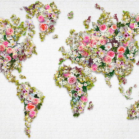 Fotomural Roses & flowers mural as a world map on white wall - AP Digital 3