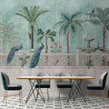 Fotomural Walls by Patel - Photo wallpaper »pavo« - Birds, palm trees & fountains - Green, blue with tapestry texture