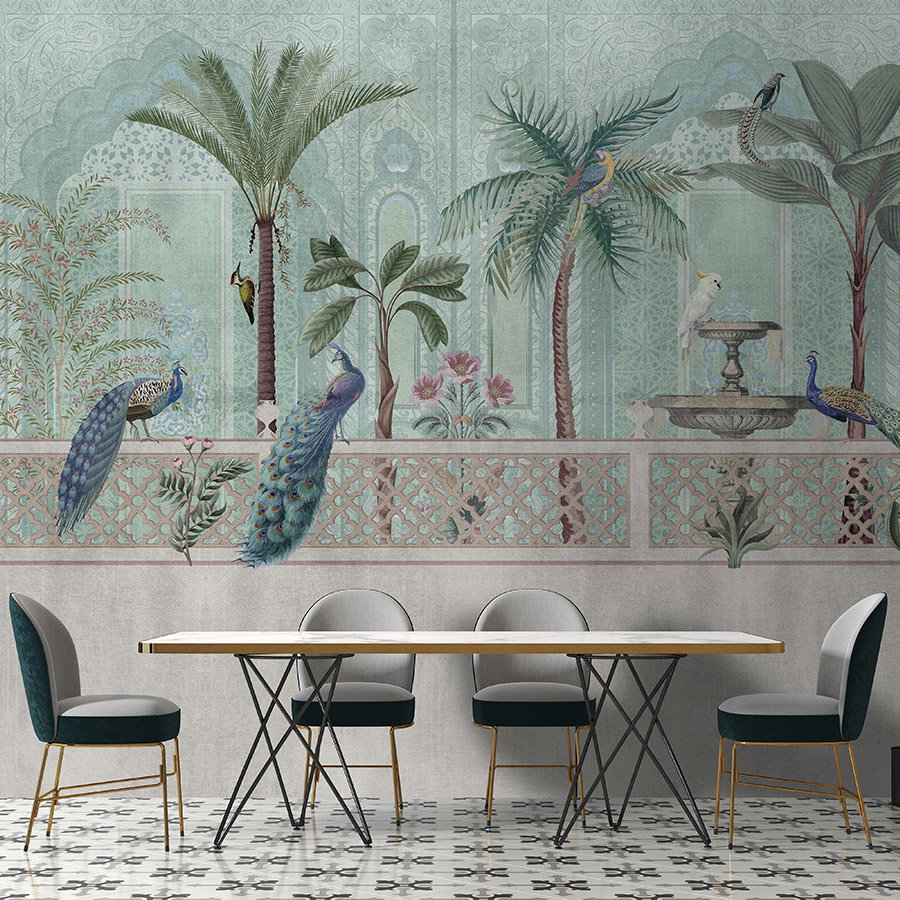 Fotomural Walls by Patel - Photo wallpaper »pavo« - Birds, palm trees & fountains - Green, blue with tapestry texture