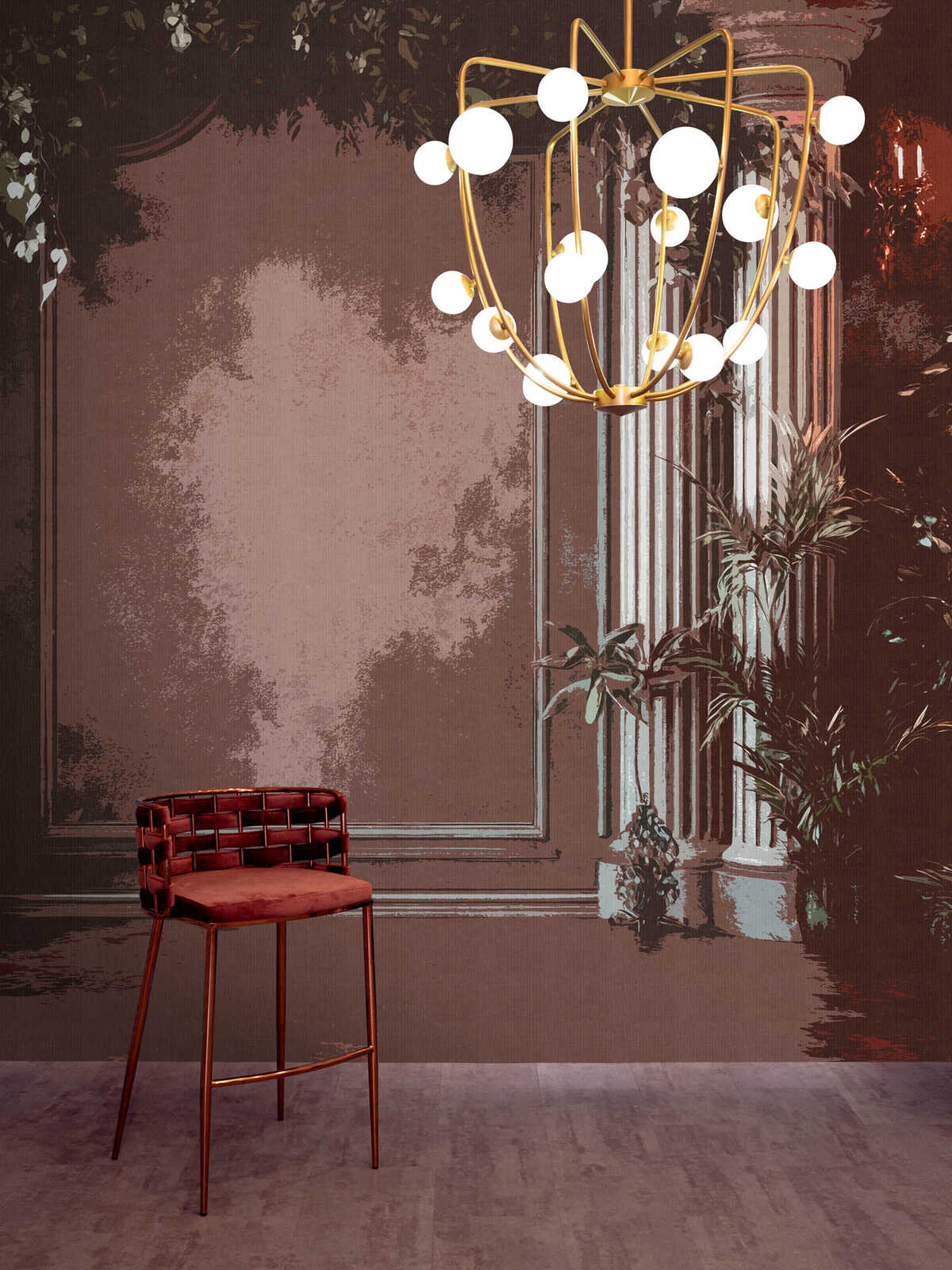 Fotomural Walls by Patel - palazzo1 - Classic pillars with botanical accents in textile look - brown, pink