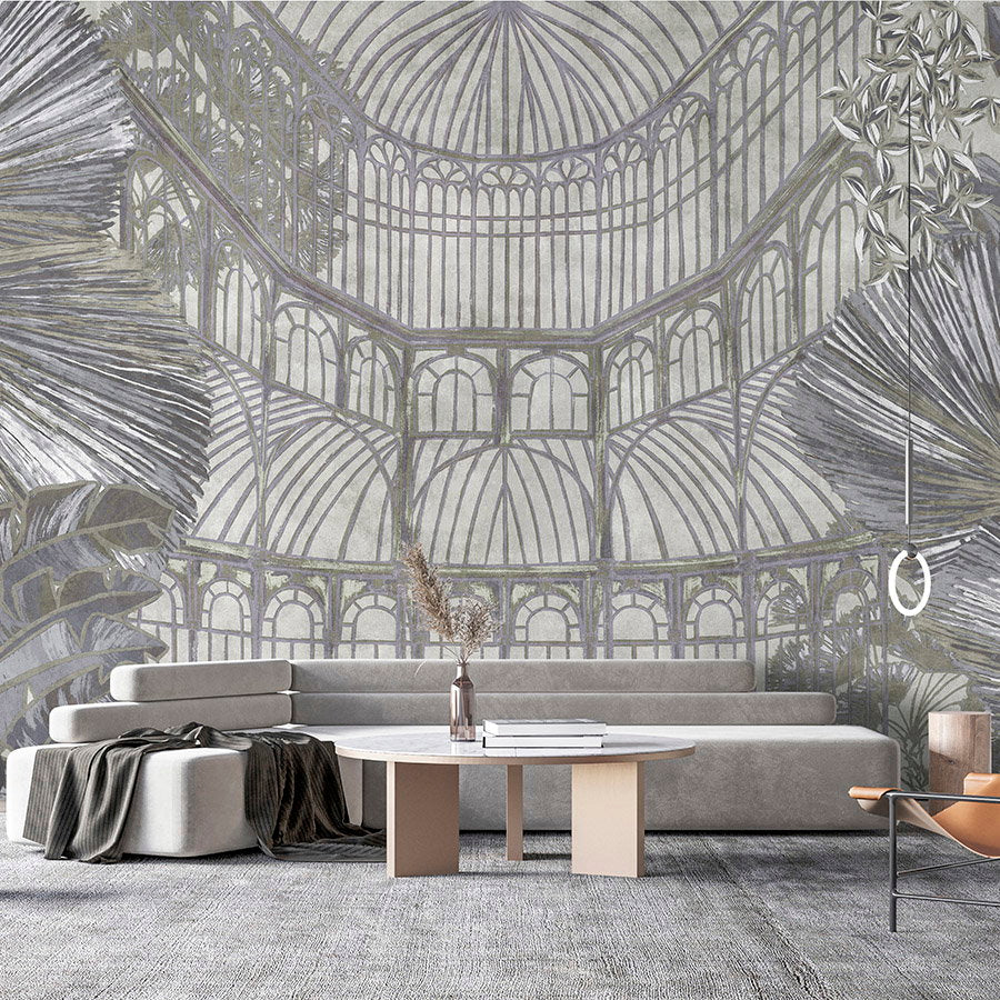 Fotomural Walls by Patel - Photo wallpaper »orangerie 1« - gazebo with jungle leaves on vintage plaster texture - green, grey