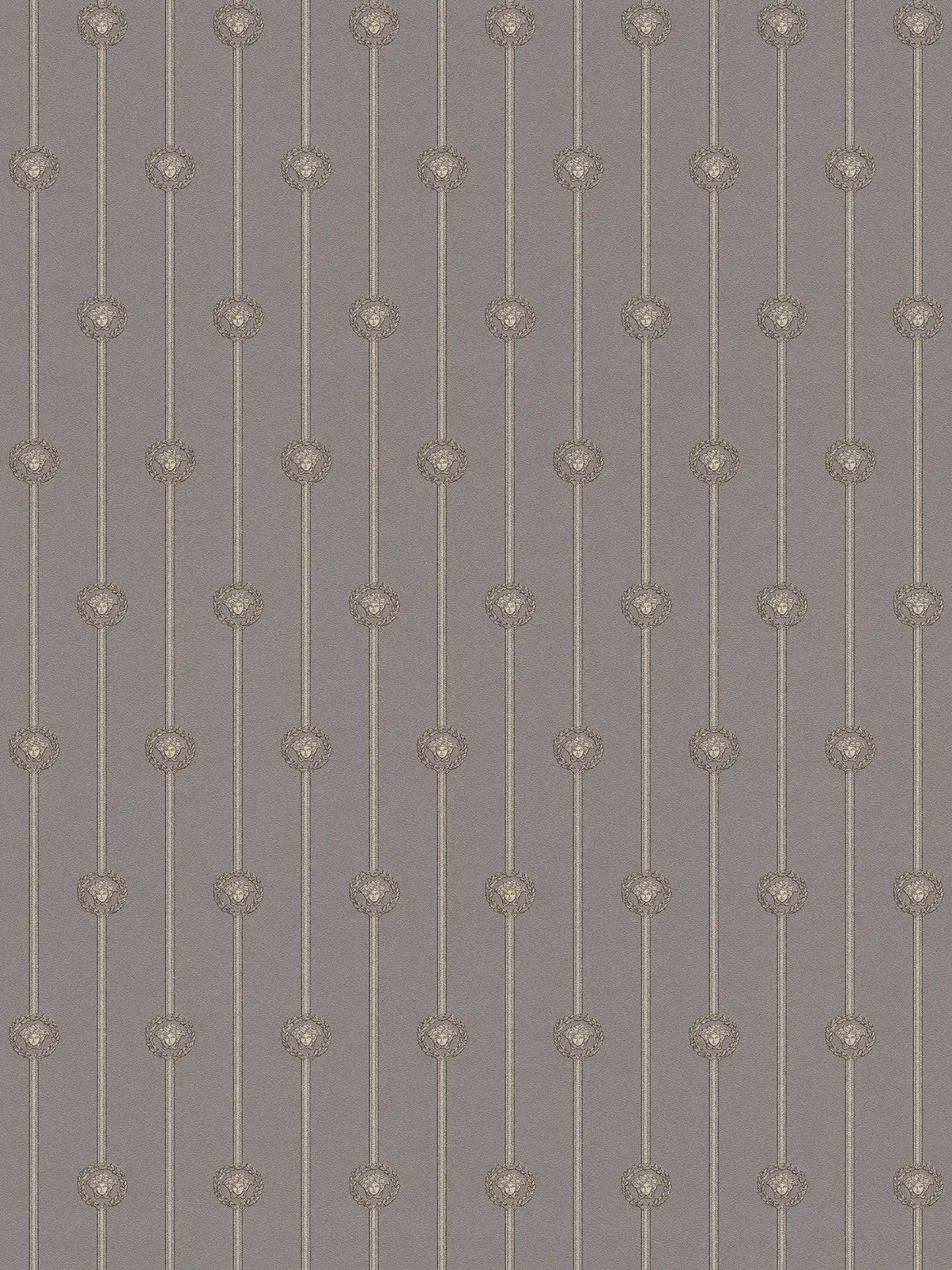 Elegante Papel pintado no tejido VERSACE con rayas barrocas Medusa medallón ligeramente brillante ligeramente texturizado - gris, plata, Metálico