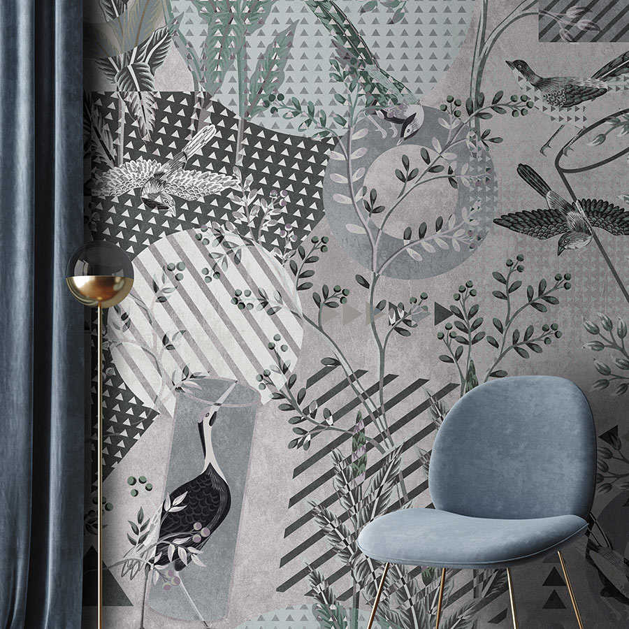 Fotomural Walls by Patel - Birds Playgroude 1 - Photo wallpaper grey collage birds & patterns