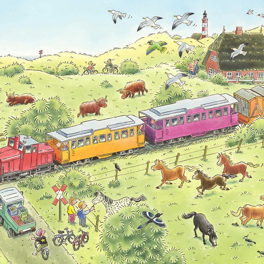 Fotomural Panel XXL 5 - Kids mural railroad crossing with train and animals on premium smooth vinyl