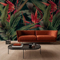 Fotomural Jungle mural green with red bird of paradise flowers - AP Contract