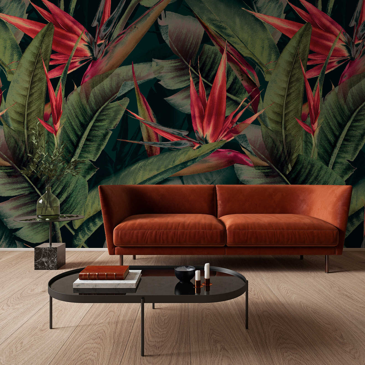 Fotomural Jungle mural green with red bird of paradise flowers - AP Contract