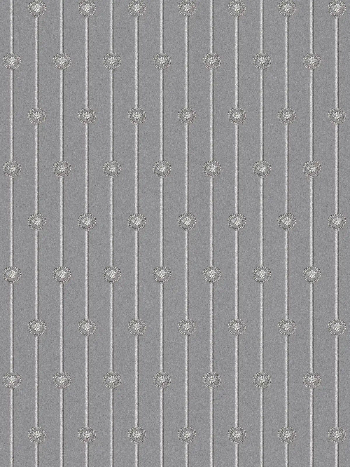 Papel pintado no tejido VERSACE con motivos de medallones decorativos de aspecto rayado ligeramente brillante ligeramente texturizado - gris, plata, Metálico