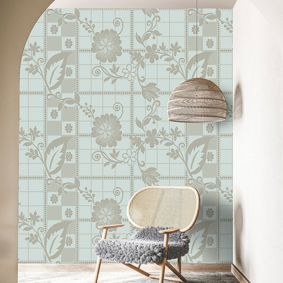 Fotomural Walls by Patel - Photo wallpaper »valerie« - Small squares in pixel style with flowers - Light mint green