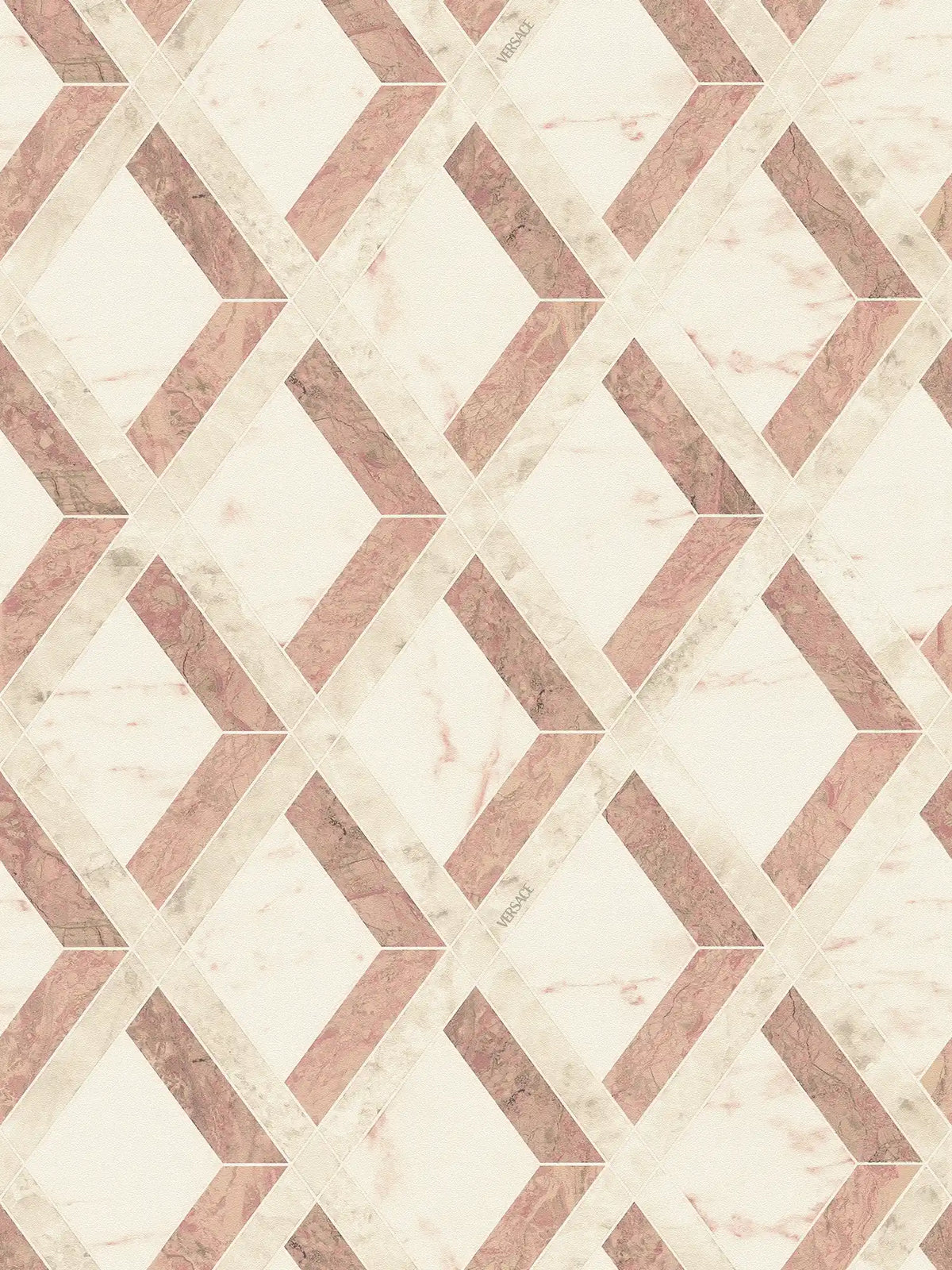 Papel pintado no tejido VERSACE con elegante relieve de mármol y diseño decorativo de rombos mate ligeramente texturizado - crema, rosa, blanco