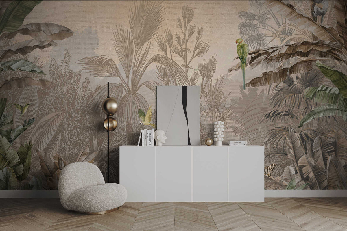 Fotomural Jungle mural brown-green in drawing style - Cuba