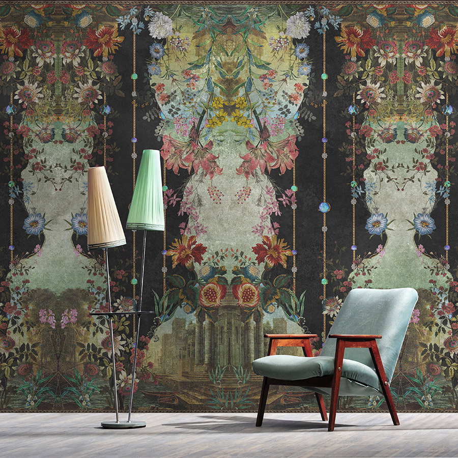 Fotomural Walls by Patel - Photo wallpaper »ophelia« - Ornamental panelling with floral design on vintage plaster texture - Smooth, slightly shiny premium non-woven fabric