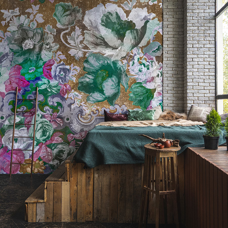 Fotomural Walls by Patel - Photo wallpaper »carmente 1« - Classic style floral pattern against a vintage plaster texture - Colourful