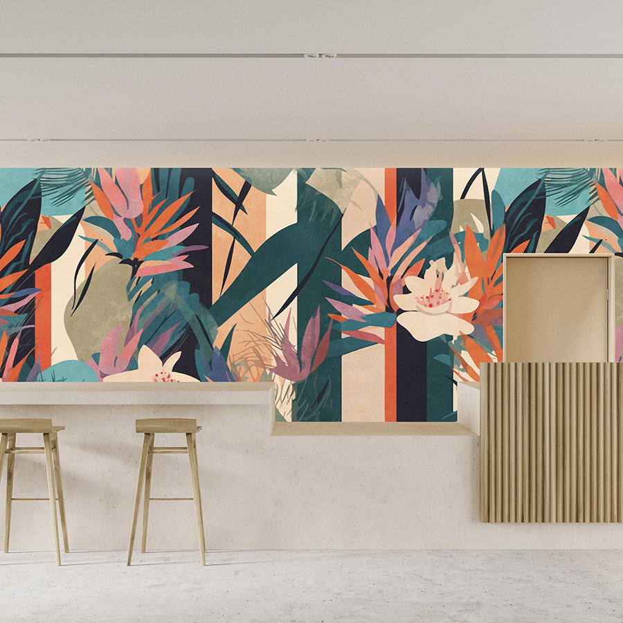 Fotomural Walls by Patel - Photo wallpaper »sarabi« - pattern with flowers & grasses, stripes against a vintage plaster texture - Colourful