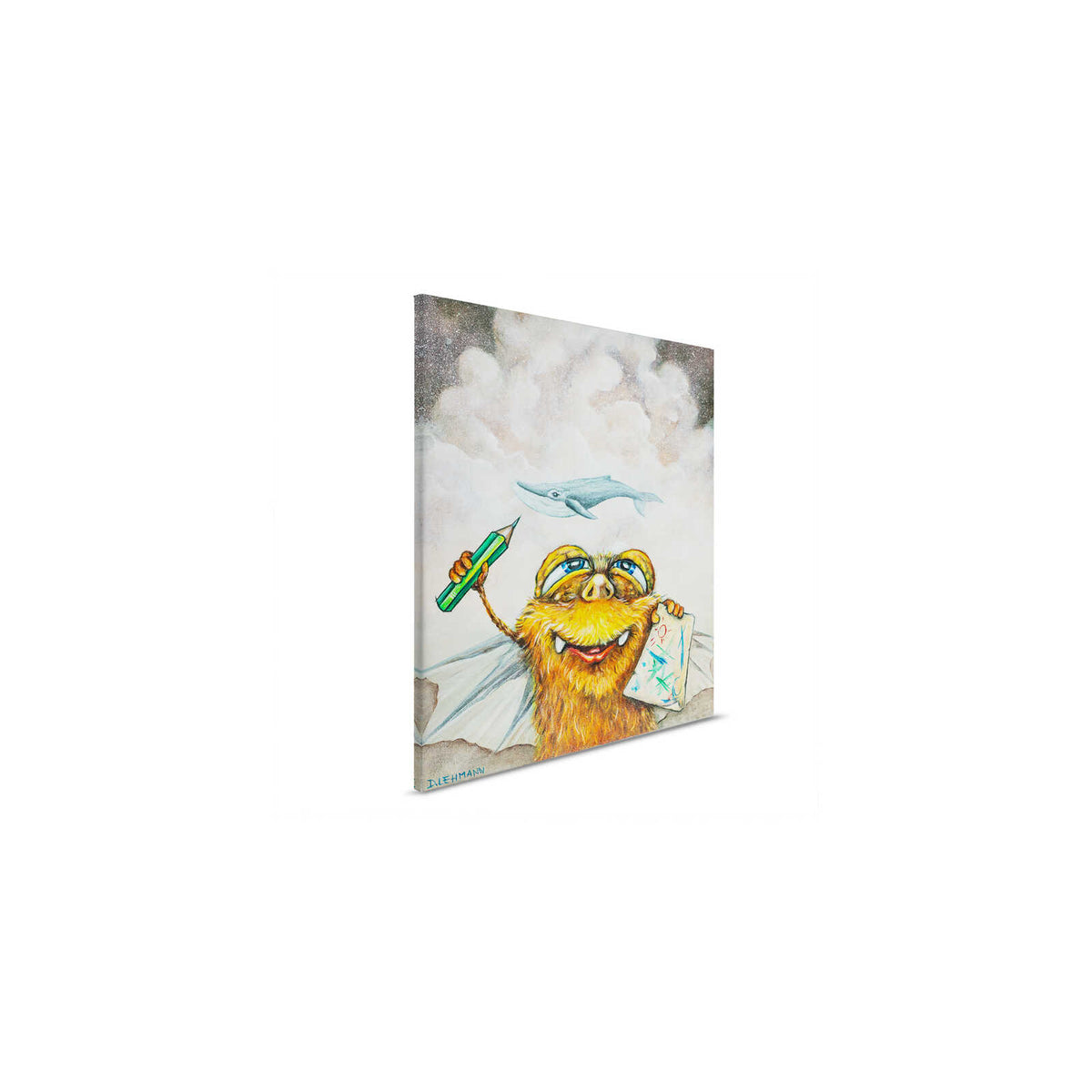 Creative monster canvas mural 0.5m wide x 0.4m high - Cheerful fantasy creature with sketch and whale - Colourful
