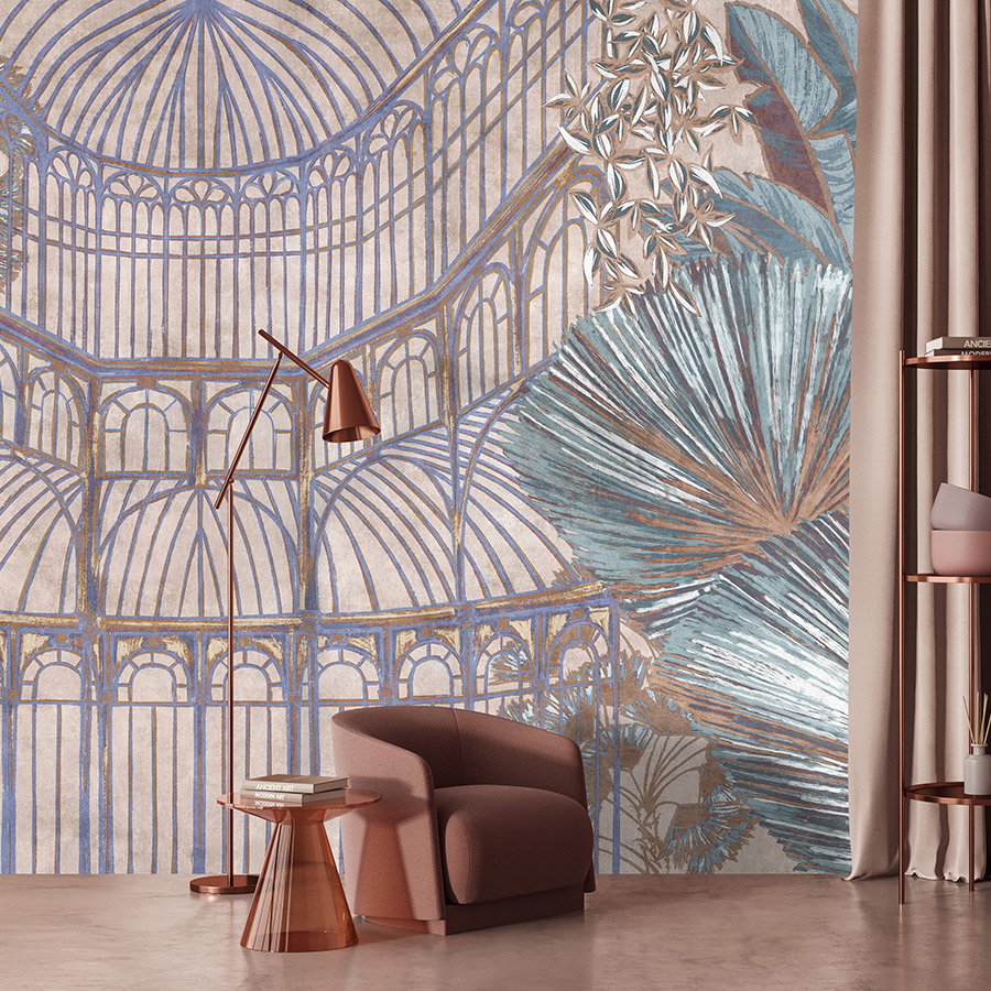 Fotomural Walls by Patel - Photo wallpaper »orangerie 2« - gazebo with jungle leaves on vintage plaster texture - rose, turquoise