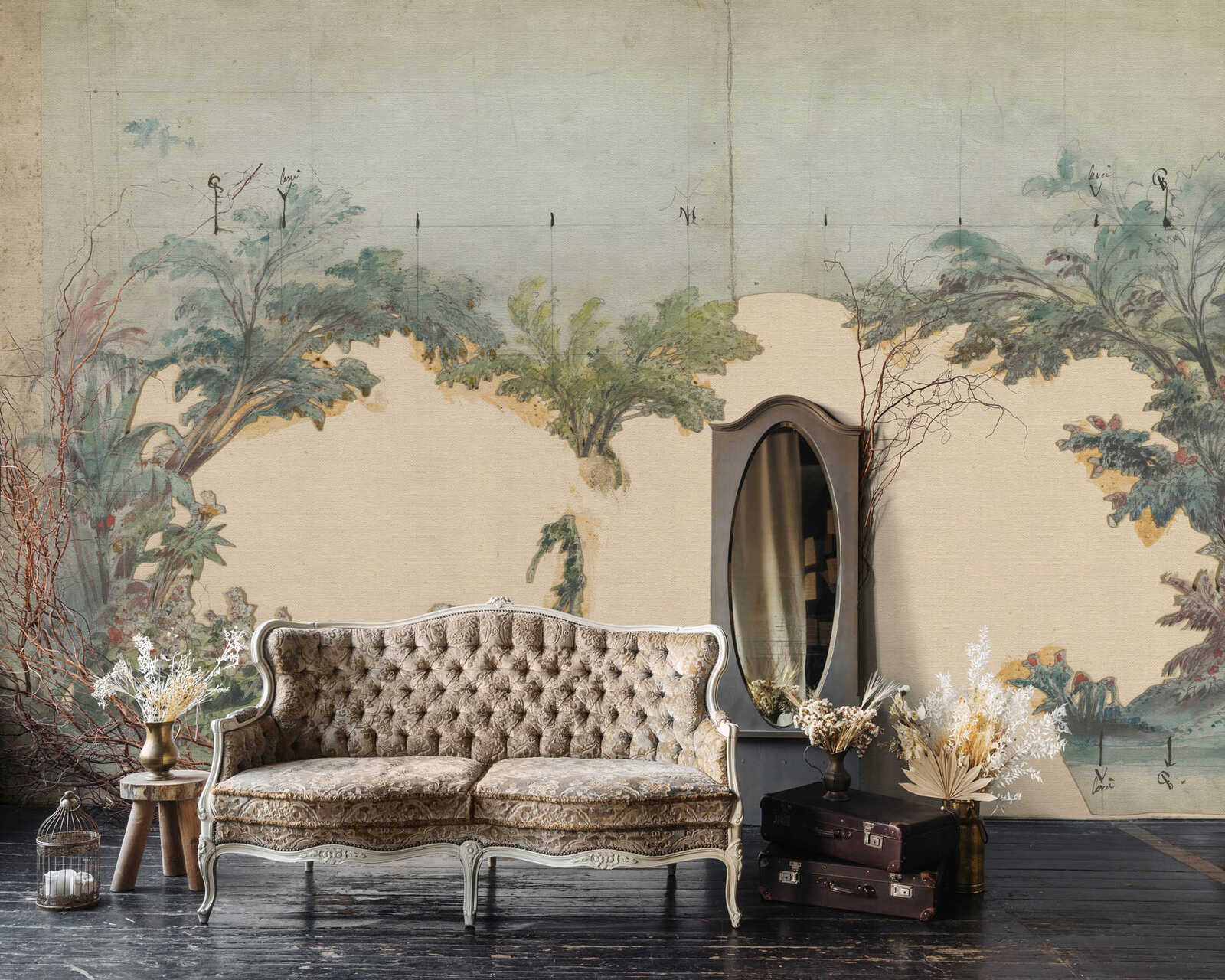 Fotomural Walls by Patel - scena2 - Soft tropical landscape with trees in canvas look - Green, Beige