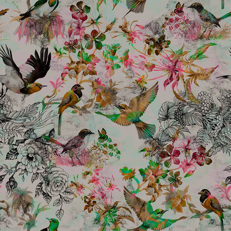 Fotomural Walls by Patel - Photo wallpaper birds & flowers collage style - grey, pink