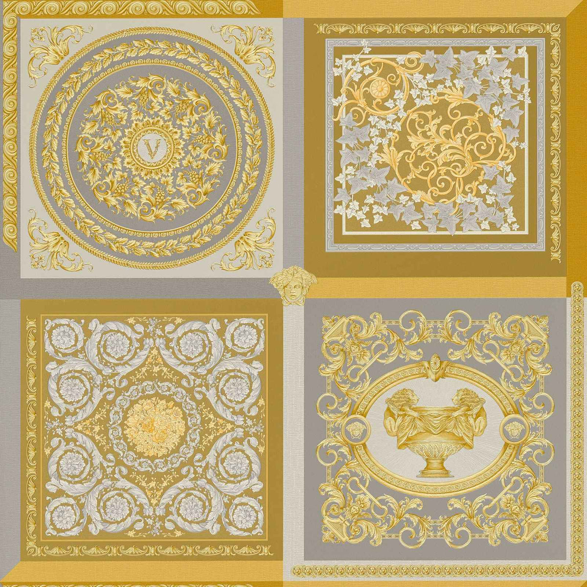 Papel pintado metálico VERSACE con diseño de ornamentos, dorado y plateado