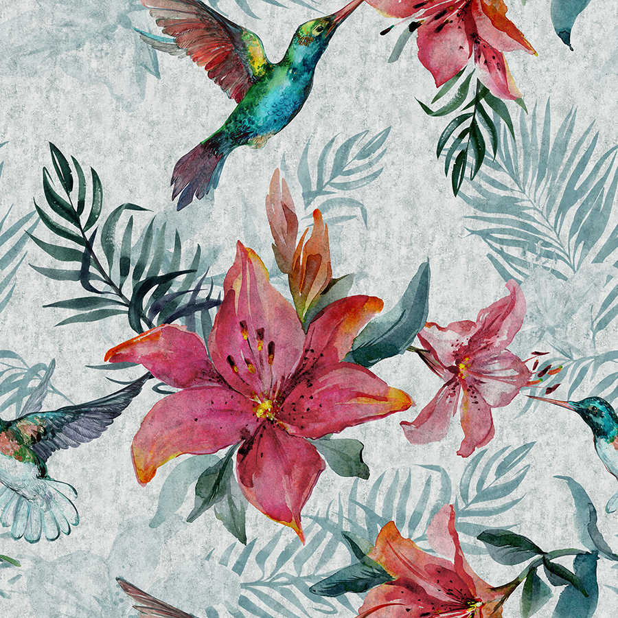 Fotomural Panel XXL 5 - Graphic mural jungle flowers with birds on premium smooth vinyl