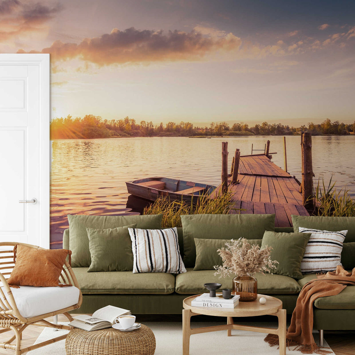 Fotomural Panel XXL 5 - Nature photo wallpaper wooden jetty with boat on premium smooth nonwoven