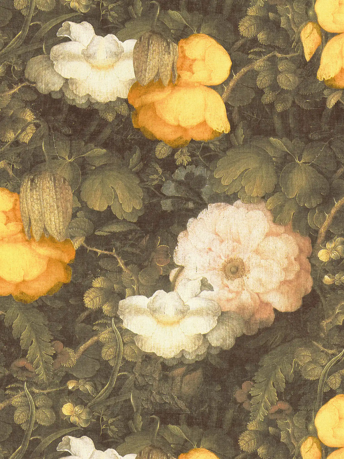 Papel pintado floral estilo pintura, aspecto de lienzo - verde, amarillo, crema