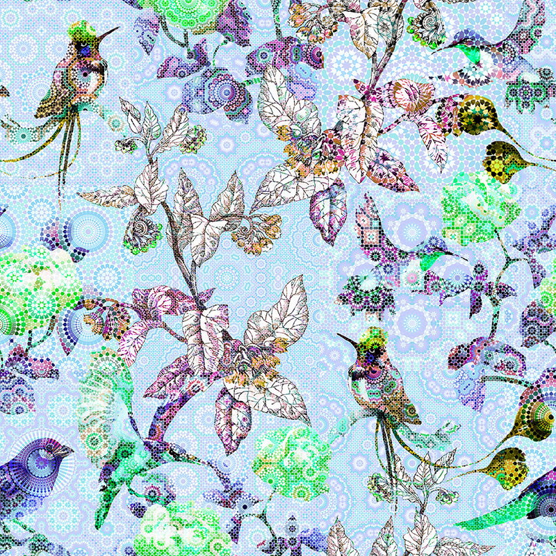 Fotomural Walls by Patel - Mosaic style flowers & birds mural - Blue, Green